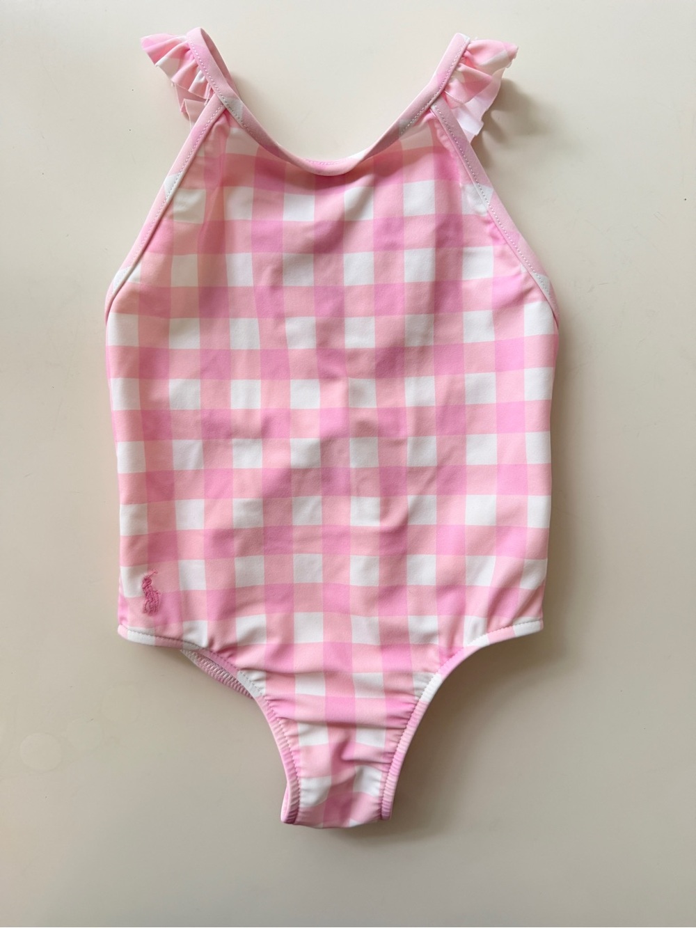 Ralph Lauren Pink and White Gingham Ruffle-Shoulder One-Piece Swimsuit